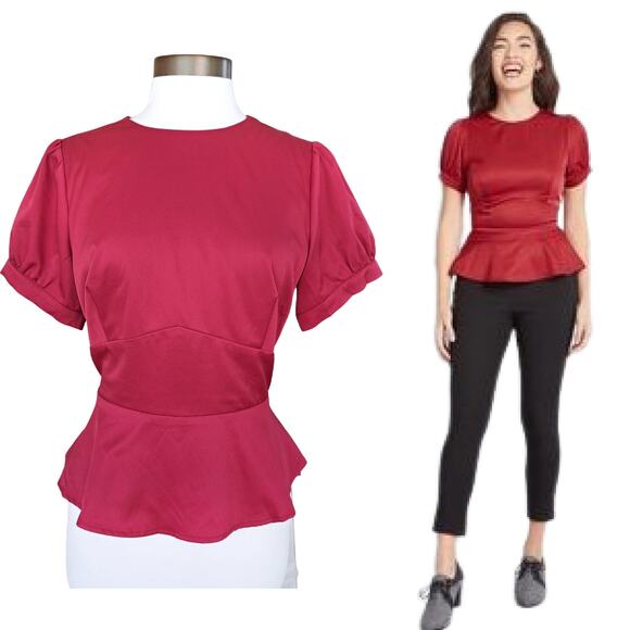 Collectif x Modcloth Pinup Whim Red Peplum Top Size 10 holiday - Picture 1 of 12